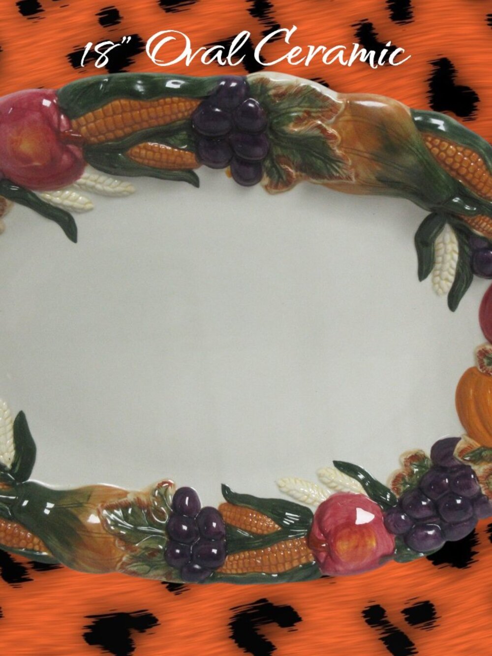 Harvest 18" Oval Ceramic Platter colorful autumn Harvest embossed edges W/Box